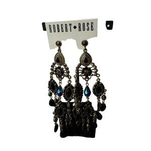 Robert Rose Dangly Black & Silver Crystal Chandelier Earrings